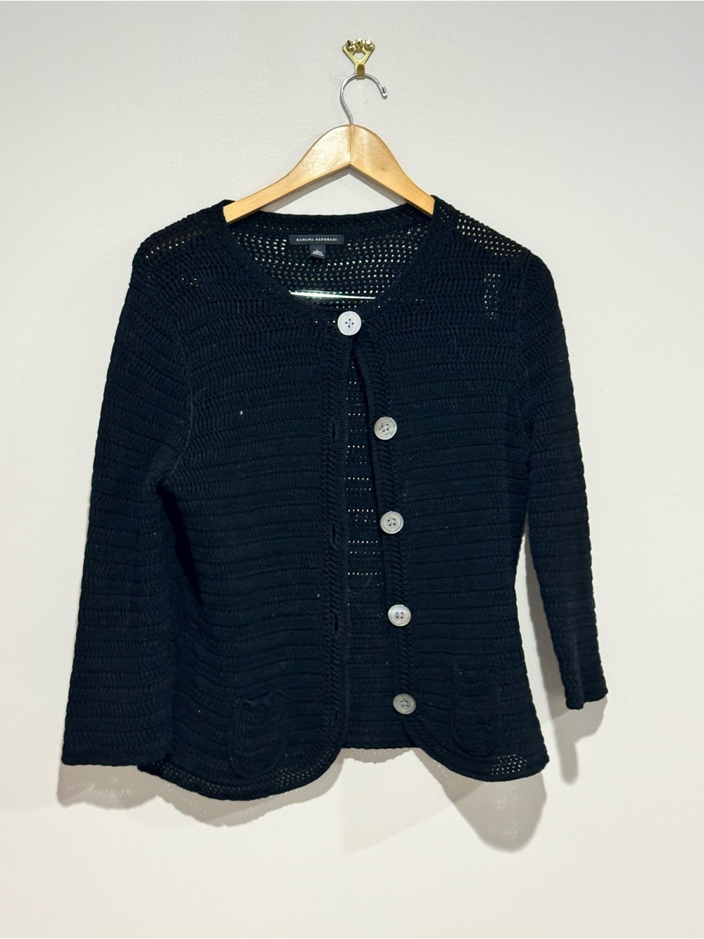 Vtg Banana Republic Black Open-Knit Button Front Crew Neck Cardigan Sweater L